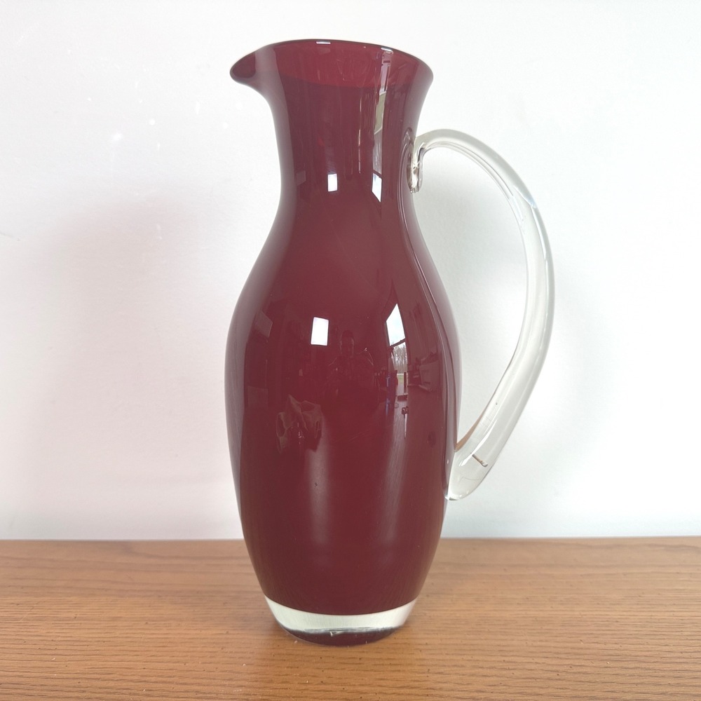Vintage Hand Blown Ruby Red Glass Pitcher with Clear Handle MCM Art Glass